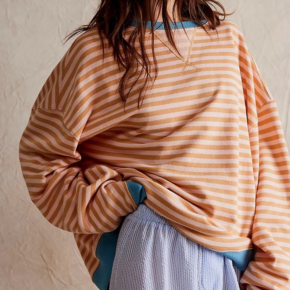 We The Free Peach and White Striped Hoodie with Blue Trim - Picture 3 of 5
